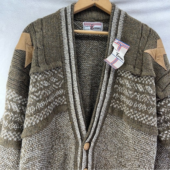 NOS Vintage 80’s Saint Tomas Leather Trimmed Patchwork Geometric Men Cardigan L - Picture 3 of 10